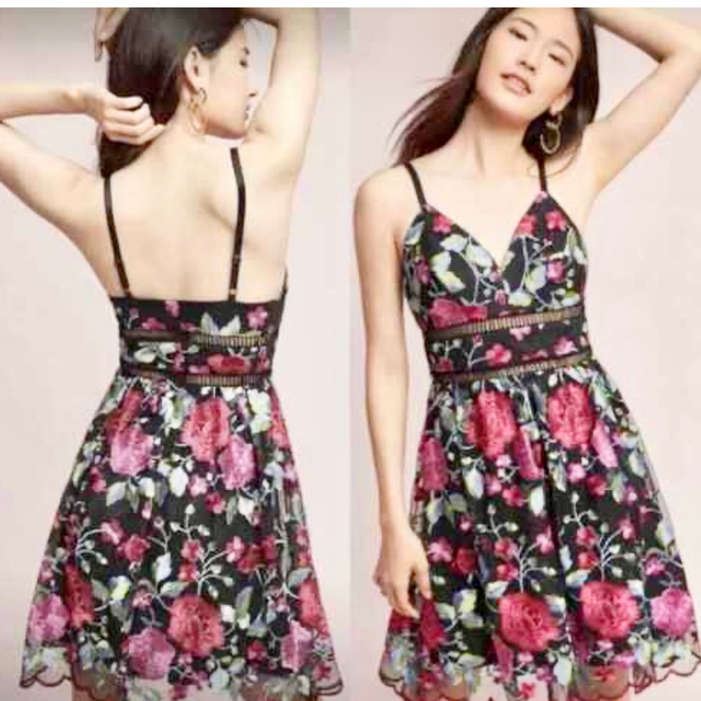 Nicole Miller Black Floral Mini Dress with Pink and Green Accents